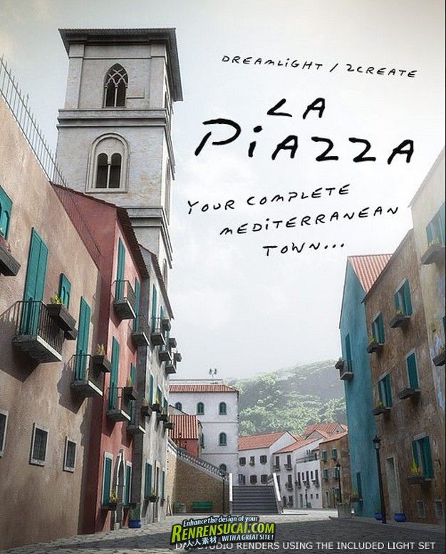 《地中海城市广场3D模型制作教程》DAZ 3D La Piazza Realistic Mediterranean Town