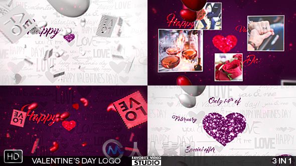 2016情人节爱心爆炸包装动画AE模板 Videohive Valentine's Day Logo 3in1 14568409