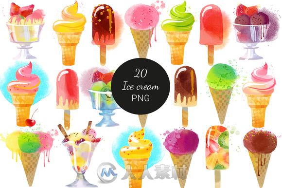 水彩风格冰淇淋甜筒展示矢量模板Watercolor Ice Cream