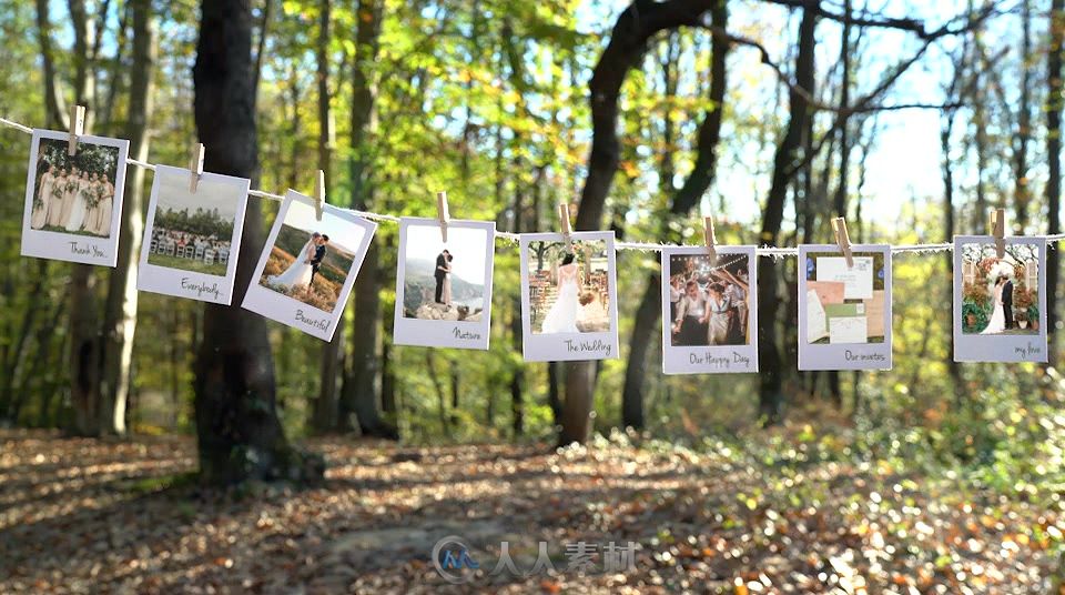 创意森林树木绳子悬挂婚礼照片幻灯片相册动画