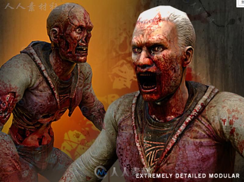 超详细恐怖的模块化男性僵尸角色3D模型Unity游戏素材资源