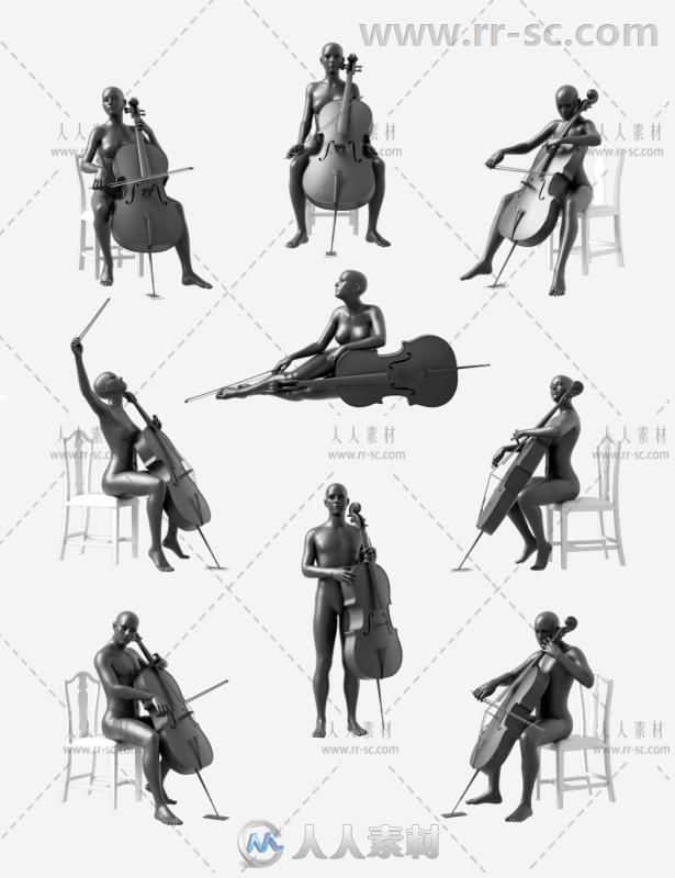 专业的男性女性大提琴演奏姿势3D模型合辑 - 