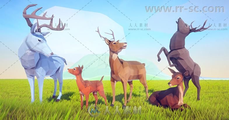 美丽的多彩艺术鹿动物角色3D模型Unity游戏素