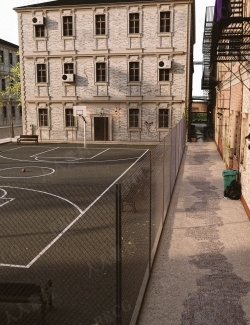 复古园区休闲篮球场环境场景3D模型合集