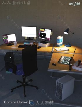 现代安静的程序员工作房间和道具3D模型合辑