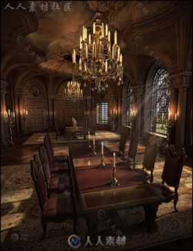 奢华华丽的中世纪城堡餐厅情景3D模型合辑
