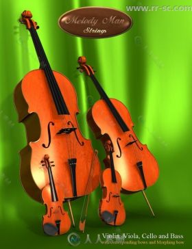 超精细小提琴中提琴大提琴和低音提琴家庭合奏团3D模型合辑