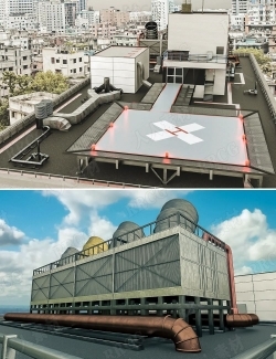 医院工业天台停机坪场景3D模型合集