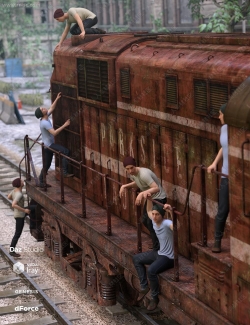 攀爬陈列旧火车多种姿势造型3D模型