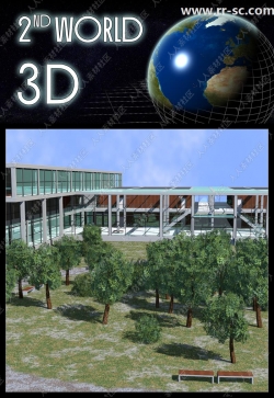 宽阔绿化植被办公楼建筑景观3D模型