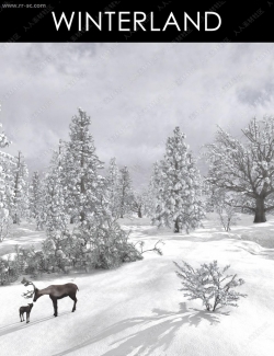 雪地景观雄伟云杉橡树和灌木3D模型