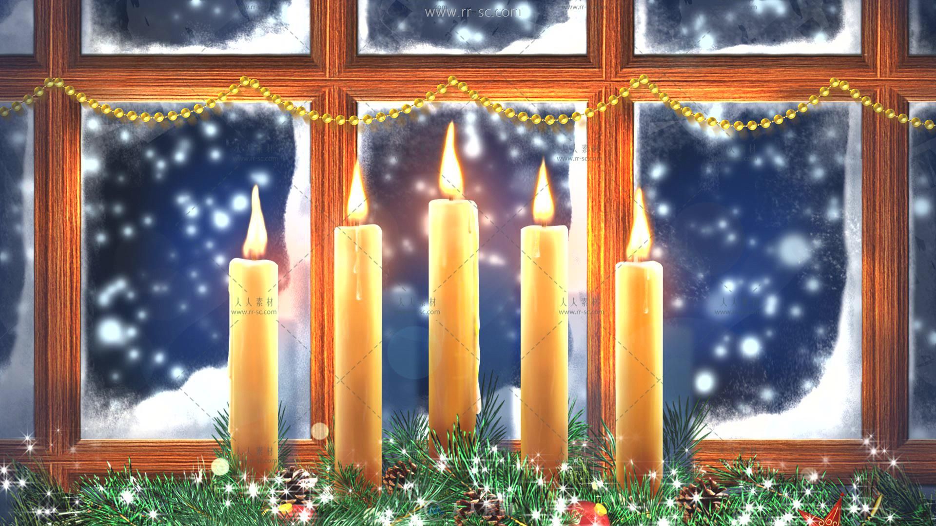 2组圣诞夜蜡烛在窗前燃烧唯美浪漫视频素材