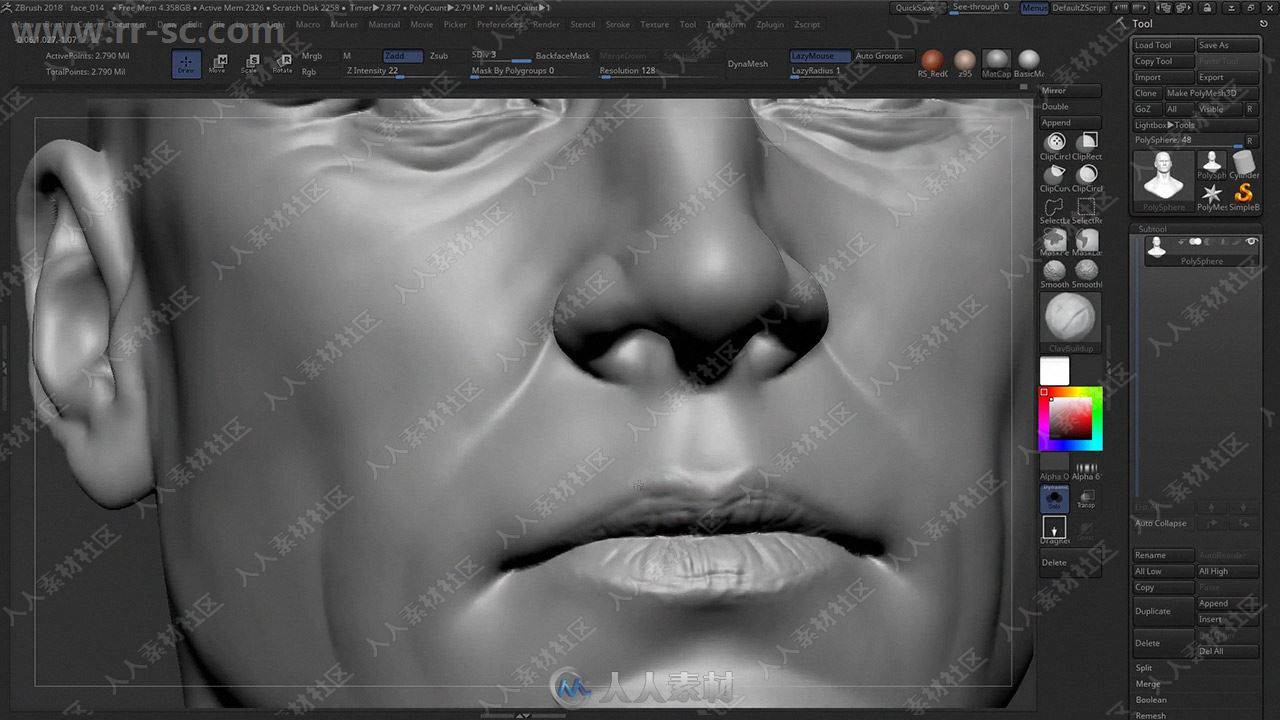 ZBrush逼真男性面部头部实例雕刻制作视频教程
