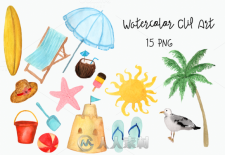 夏日沙滩水彩剪贴画平面素材合辑Watercolor-Beach-Clip-Art