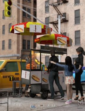 城市热狗车道具和城市环境3D模型合辑