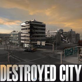 城市废墟场景3D模型,建筑破坏效果,损坏的汽车