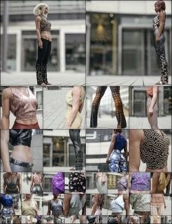 夏季女性砍袖重复图长裤服饰套装3D模型合集
