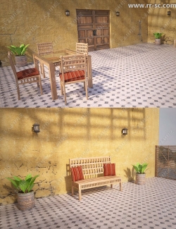 露天休息场景桌子长椅植物3D模型