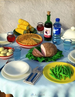 卡通家庭晚餐多组食物道具3D模型