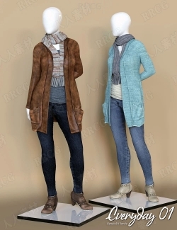 女性秋冬针织衫牛仔裤服饰套装3D模型合集