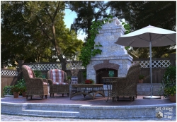 室外花园壁炉场景及沙发植被设施3D模型