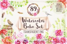 波西米亚系列水彩花和图案平面素材合辑Watercolor Boho Set & Patterns