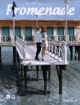 浪漫的海滩小屋浮桥环境和国旗3D模型合辑