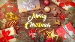 圣诞气息金色礼物木质相框相册动画AE模版