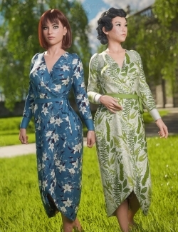 女性碎花裹身长裙服饰套装3D模型合集