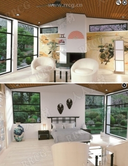 亚洲现代风格舒适套房室内环境3D模型合集
