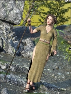 幻想高开叉旗袍样式连衣裙和魔杖3D模型合集