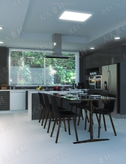 整洁开放式餐厅厨房一体环境3D模型合集